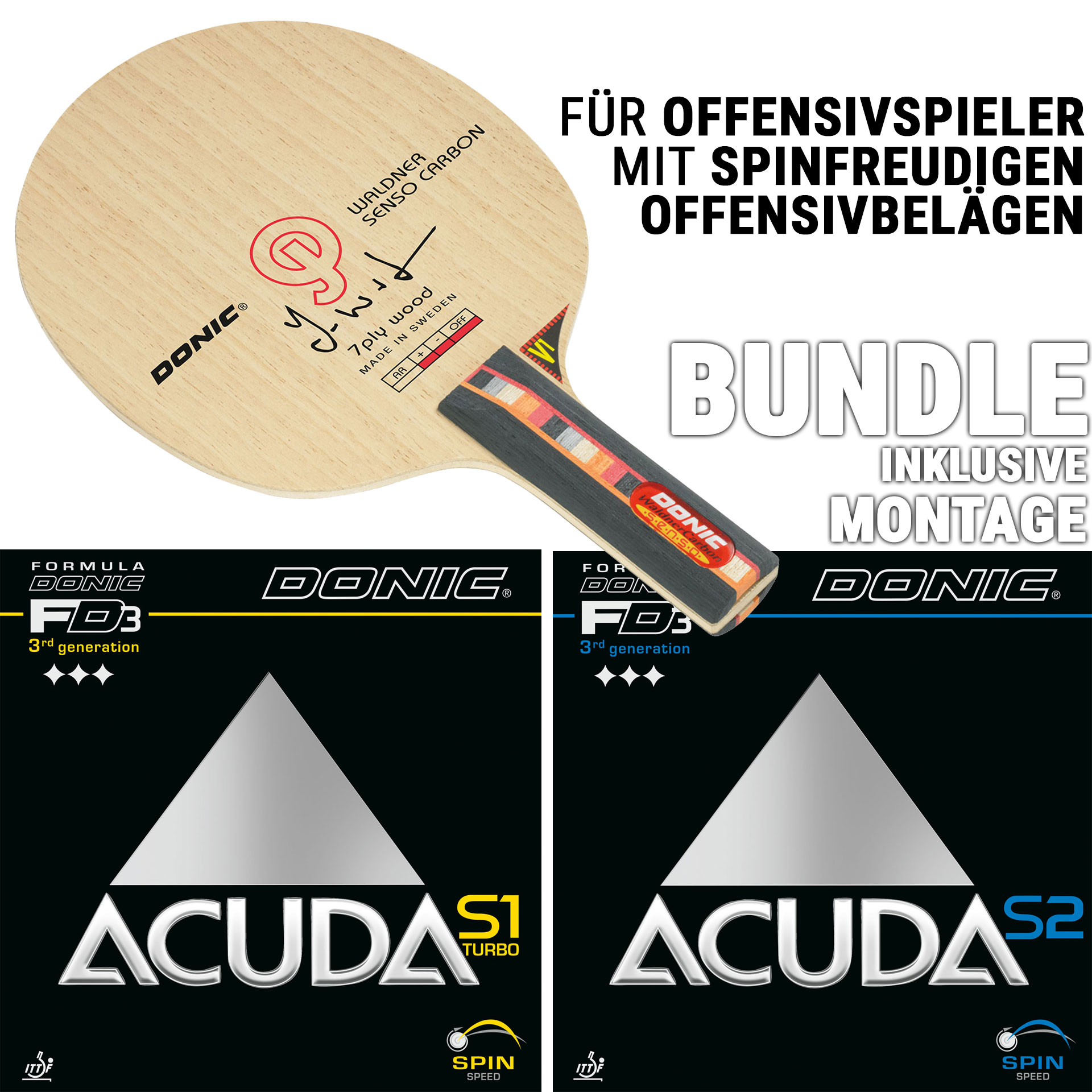 Bundle - DONIC WALDNER SENSO CARBON / ACUDA S1 TURBO / ACUDA S2  Bundle - DONIC WALDNER SENSO CARBON / ACUDA S1 TURBO / ACUDA S2